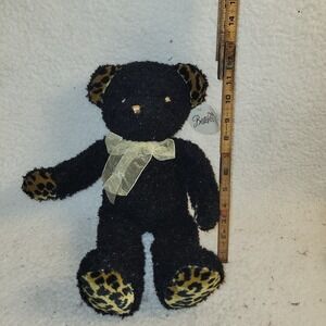 Bestever Black Teddy Bear Plush 13" Gold Leopard Print Bow‎ Stuffed Animal